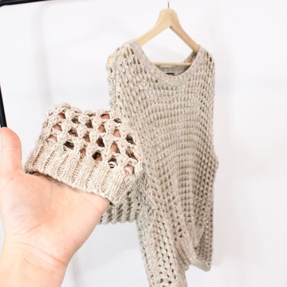 *Express Large Open Knit Beige Sweater - Picture 6 of 8
